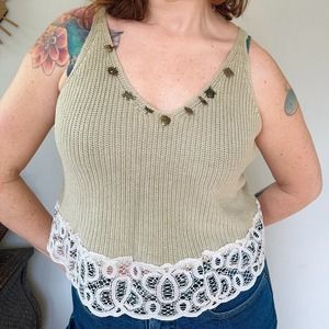 Vintage 90s Liz Claiborne tan knit sweater tank cotton garden charms lace sz M